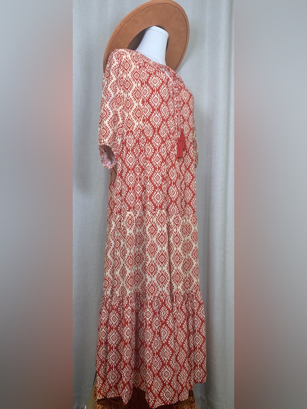 Easel Maxi Dress | Boho Red & Ivory Printed Tiered Dress L2-10 - Picture 4 of 7